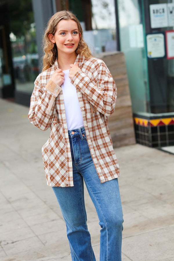 Taupe Plaid Velvet Pocket Button Down Top - Coeur de la Mode