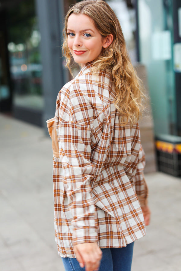 Taupe Plaid Velvet Pocket Button Down Top - Coeur de la Mode