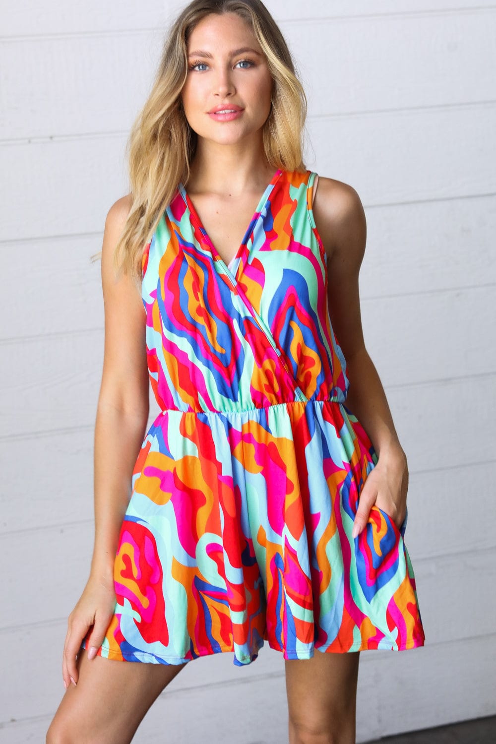 Vibrant Multicolor Abstract Sleeveless Surplice Romper - Coeur de la Mode
