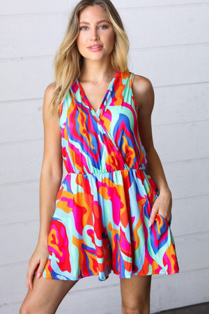 Vibrant Multicolor Abstract Sleeveless Surplice Romper - Coeur de la Mode