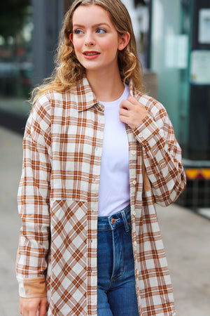 Taupe Plaid Velvet Pocket Button Down Top - Coeur de la Mode