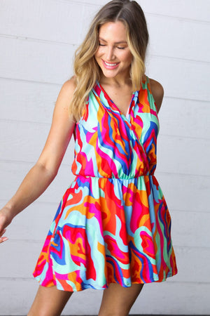 Vibrant Multicolor Abstract Sleeveless Surplice Romper - Coeur de la Mode