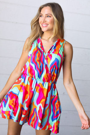 Vibrant Multicolor Abstract Sleeveless Surplice Romper - Coeur de la Mode