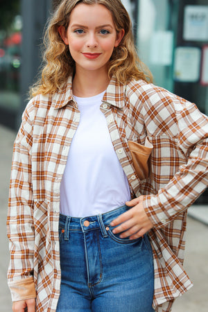 Taupe Plaid Velvet Pocket Button Down Top - Coeur de la Mode