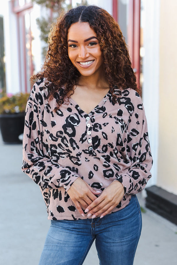 Be Bold Beige Rib Animal Print Button Placard Dolman Pullover - Coeur de la Mode