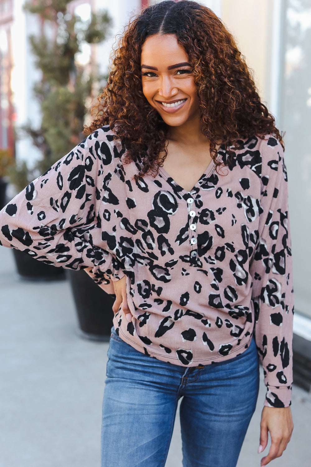 Be Bold Beige Rib Animal Print Button Placard Dolman Pullover - Coeur de la Mode