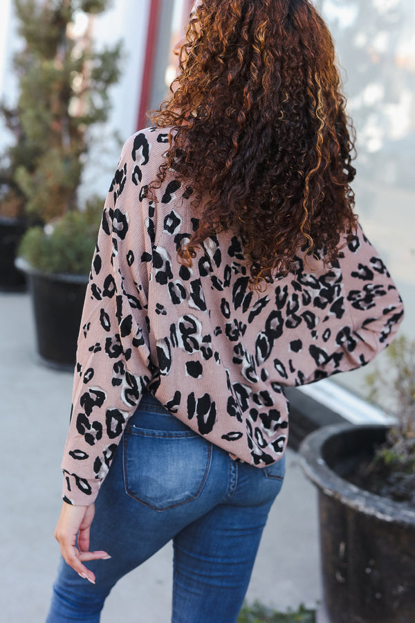 Be Bold Beige Rib Animal Print Button Placard Dolman Pullover - Coeur de la Mode