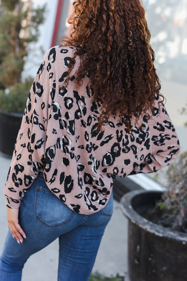 Be Bold Beige Rib Animal Print Button Placard Dolman Pullover - Coeur de la Mode
