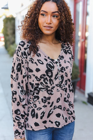 Be Bold Beige Rib Animal Print Button Placard Dolman Pullover - Coeur de la Mode