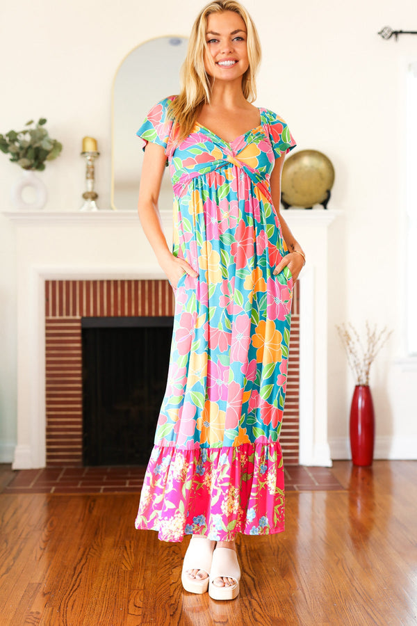 Vacay Vibes Blue Floral Print Sweetheart Twisted Neckline Maxi Dress - Coeur de la Mode