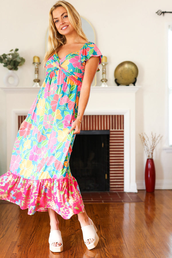 Vacay Vibes Blue Floral Print Sweetheart Twisted Neckline Maxi Dress - Coeur de la Mode