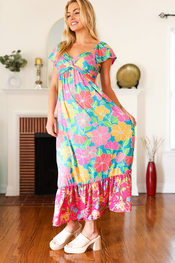 Vacay Vibes Blue Floral Print Sweetheart Twisted Neckline Maxi Dress - Coeur de la Mode