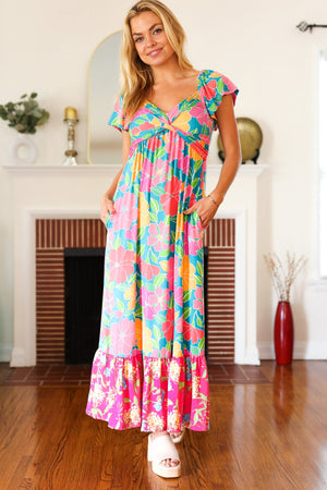 Vacay Vibes Blue Floral Print Sweetheart Twisted Neckline Maxi Dress - Coeur de la Mode