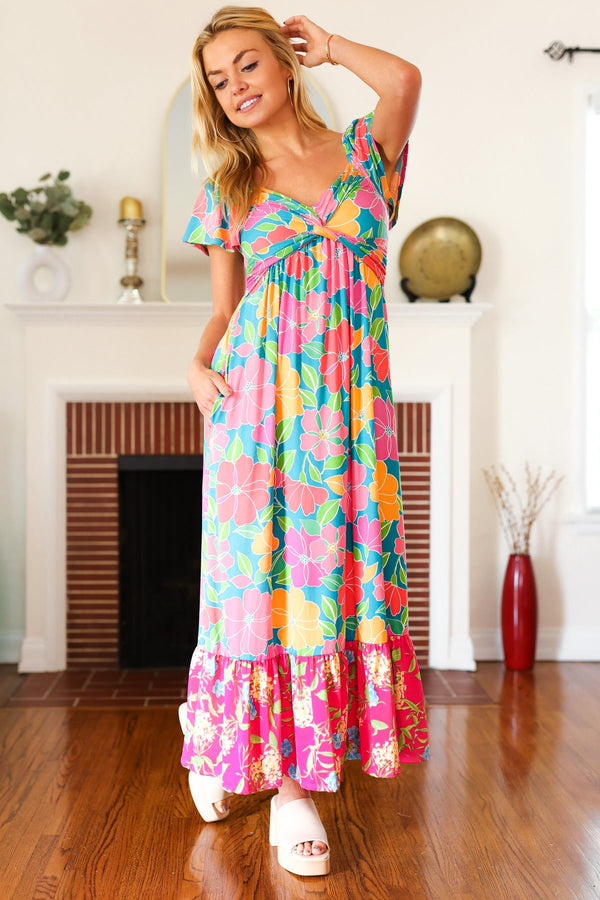Vacay Vibes Blue Floral Print Sweetheart Twisted Neckline Maxi Dress - Coeur de la Mode