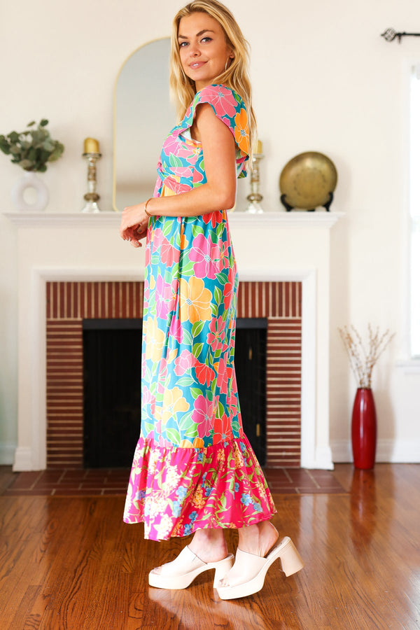 Vacay Vibes Blue Floral Print Sweetheart Twisted Neckline Maxi Dress - Coeur de la Mode