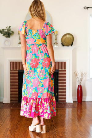 Vacay Vibes Blue Floral Print Sweetheart Twisted Neckline Maxi Dress - Coeur de la Mode