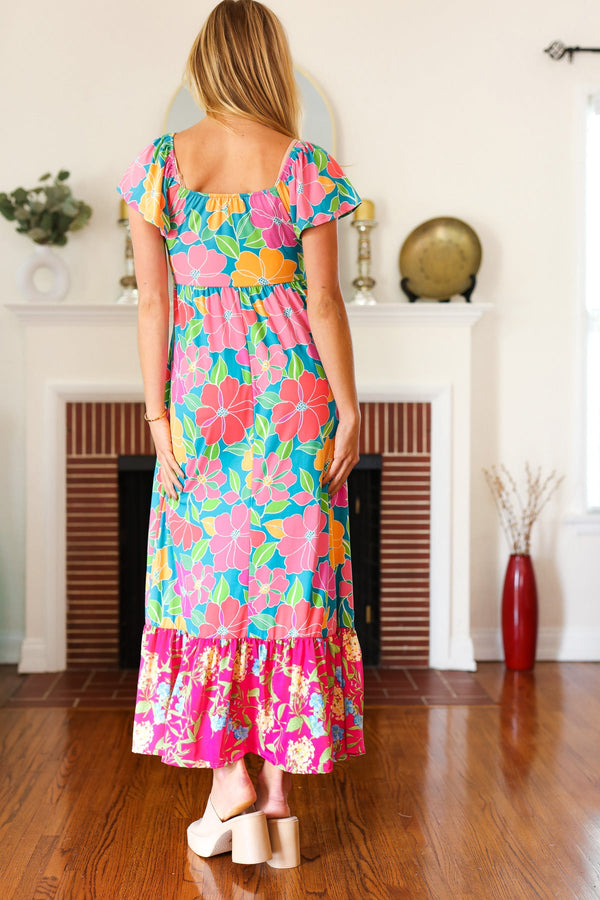 Vacay Vibes Blue Floral Print Sweetheart Twisted Neckline Maxi Dress - Coeur de la Mode