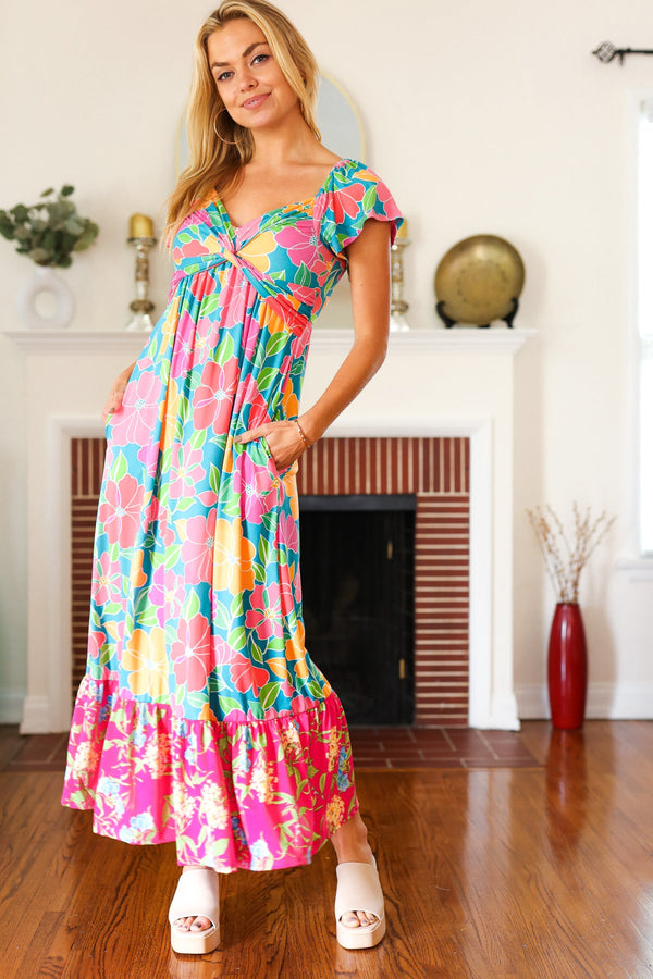 Vacay Vibes Blue Floral Print Sweetheart Twisted Neckline Maxi Dress - Coeur de la Mode