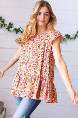 Sunset Floral Print Ruffle Tiered Keyhole Top - Coeur de la Mode