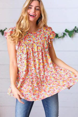 Sunset Floral Print Ruffle Tiered Keyhole Top - Coeur de la Mode