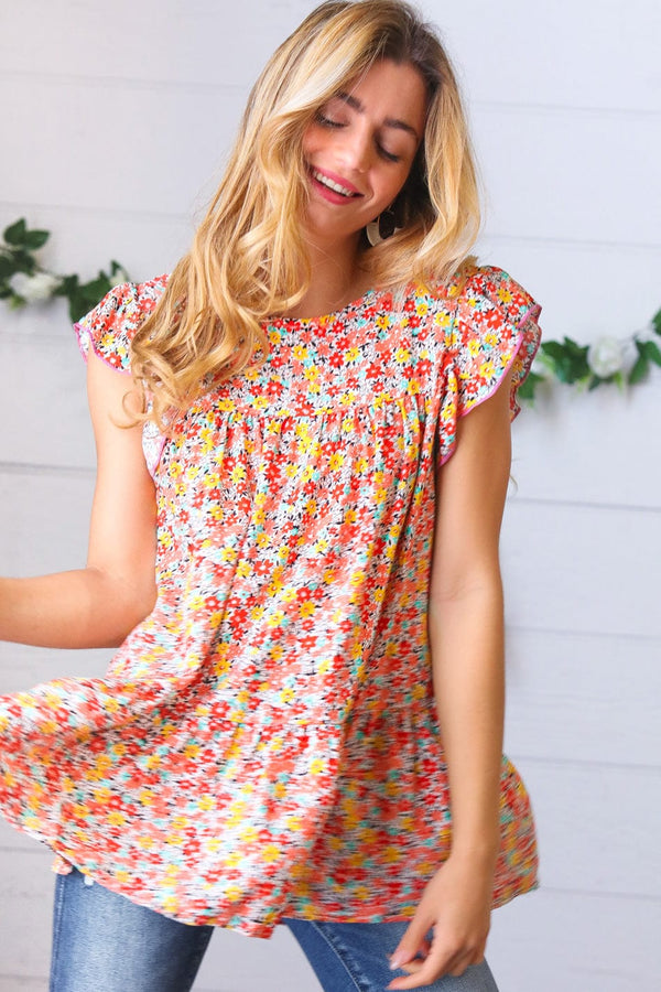 Sunset Floral Print Ruffle Tiered Keyhole Top - Coeur de la Mode