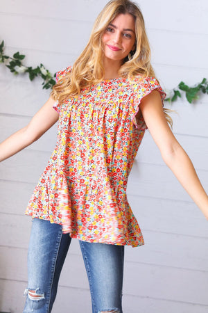 Sunset Floral Print Ruffle Tiered Keyhole Top - Coeur de la Mode