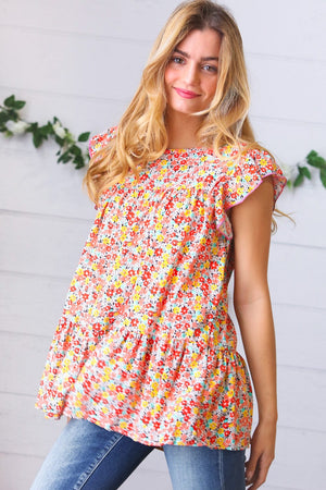 Sunset Floral Print Ruffle Tiered Keyhole Top - Coeur de la Mode