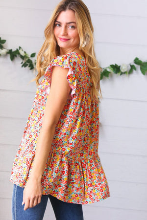 Sunset Floral Print Ruffle Tiered Keyhole Top - Coeur de la Mode