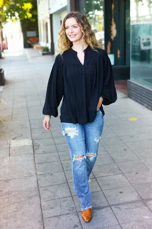 Boho Vibes Black Notched Neck Smocked Bubble Sleeve Top - Coeur de la Mode