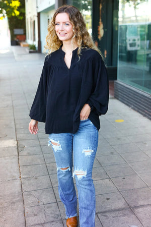 Boho Vibes Black Notched Neck Smocked Bubble Sleeve Top - Coeur de la Mode