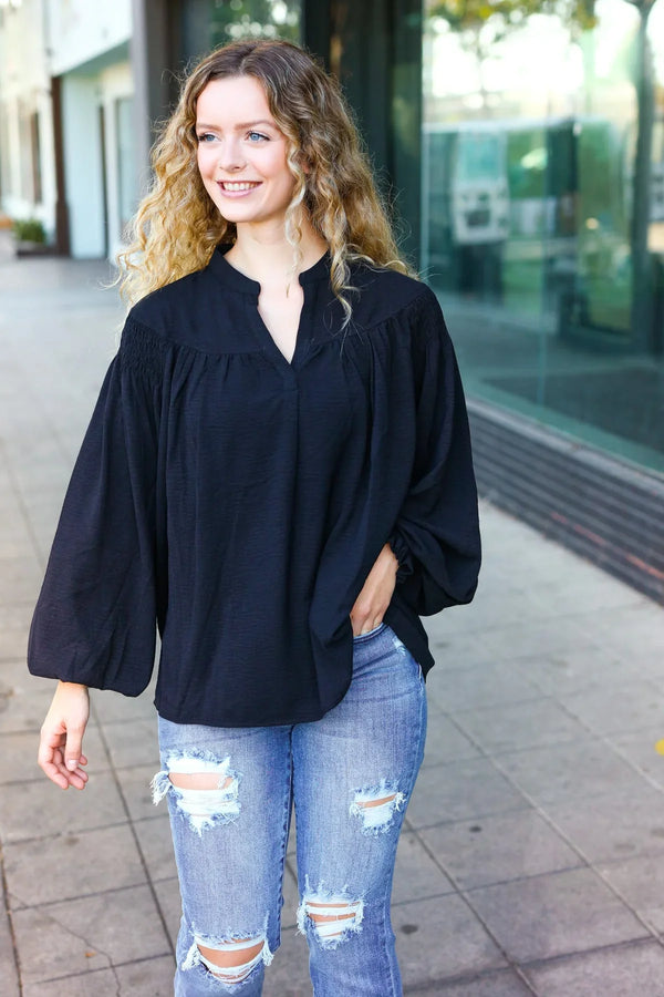 Boho Vibes Black Notched Neck Smocked Bubble Sleeve Top - Coeur de la Mode