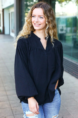 Boho Vibes Black Notched Neck Smocked Bubble Sleeve Top - Coeur de la Mode