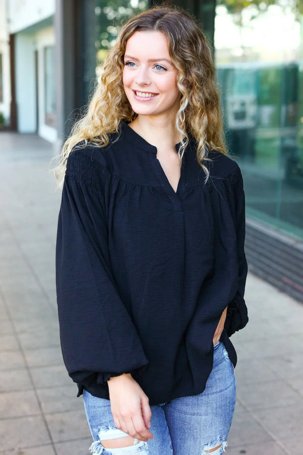 Boho Vibes Black Notched Neck Smocked Bubble Sleeve Top - Coeur de la Mode