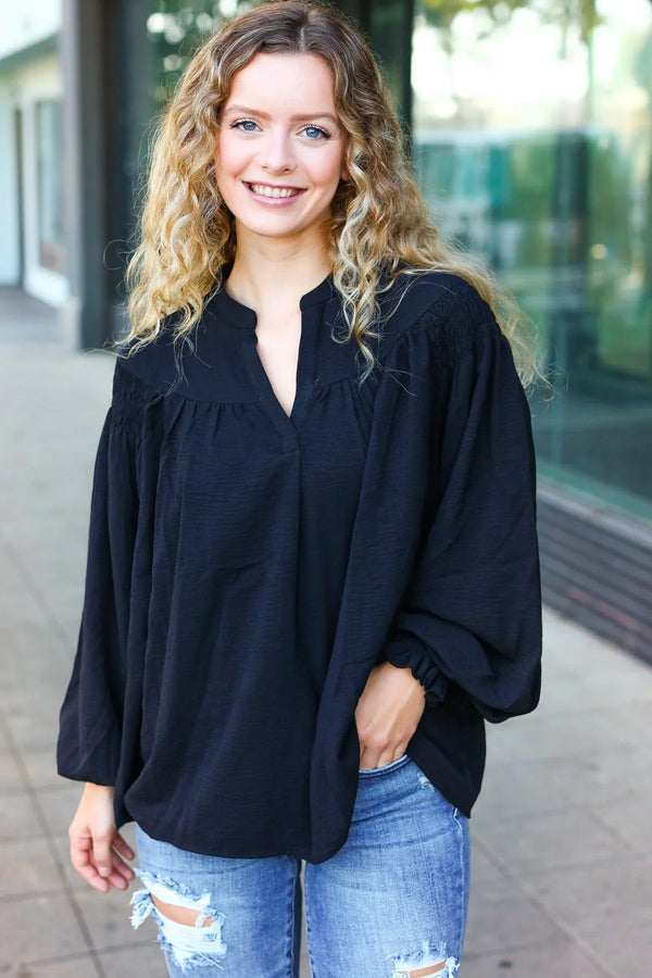 Boho Vibes Black Notched Neck Smocked Bubble Sleeve Top - Coeur de la Mode
