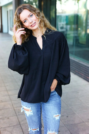 Boho Vibes Black Notched Neck Smocked Bubble Sleeve Top - Coeur de la Mode