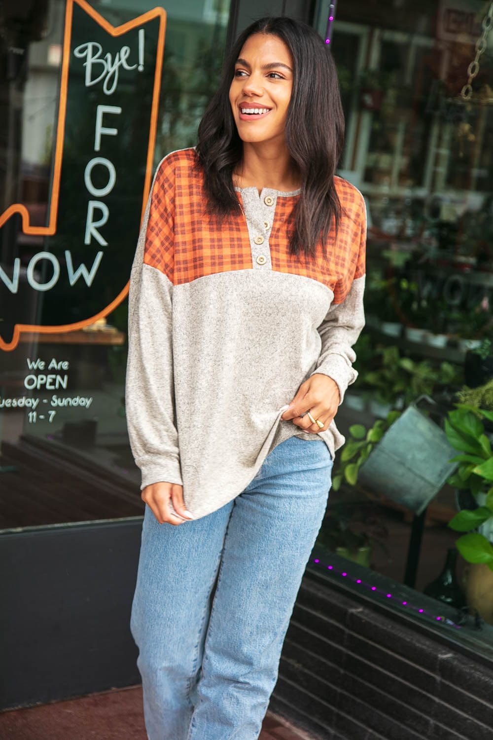 Plaid Cashmere Feel Two Tone Button Down Top - Coeur de la Mode