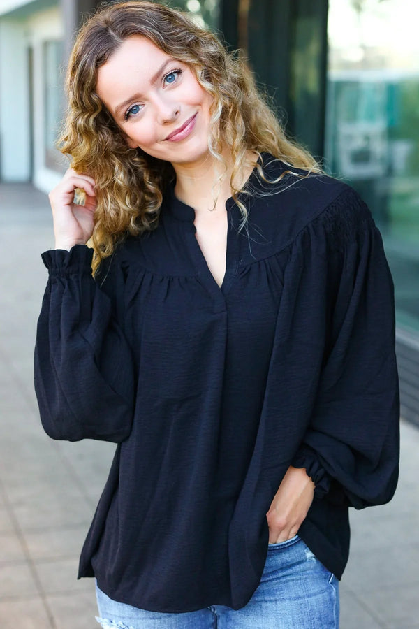 Boho Vibes Black Notched Neck Smocked Bubble Sleeve Top - Coeur de la Mode