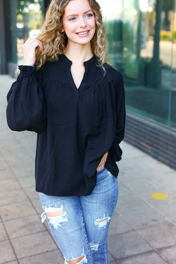 Boho Vibes Black Notched Neck Smocked Bubble Sleeve Top - Coeur de la Mode