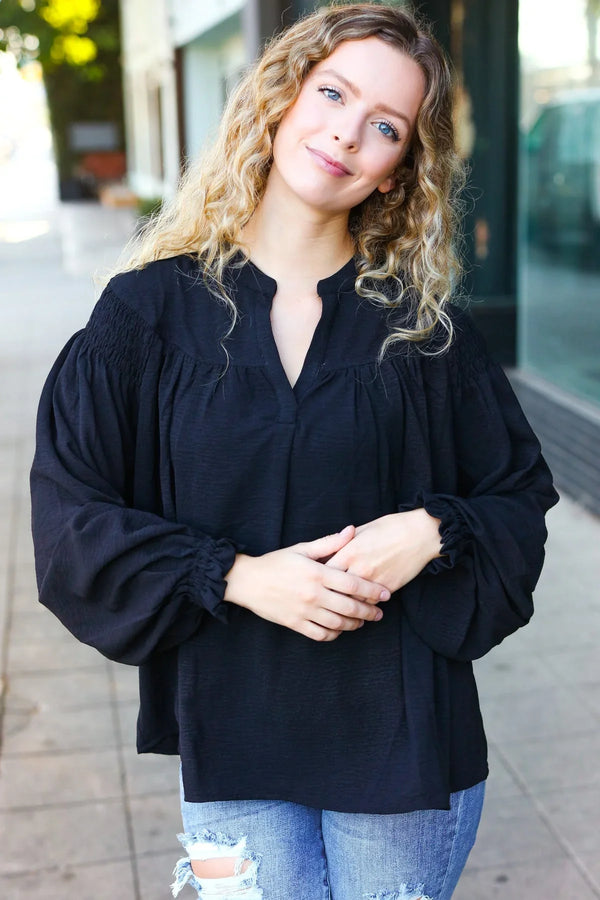 Boho Vibes Black Notched Neck Smocked Bubble Sleeve Top - Coeur de la Mode