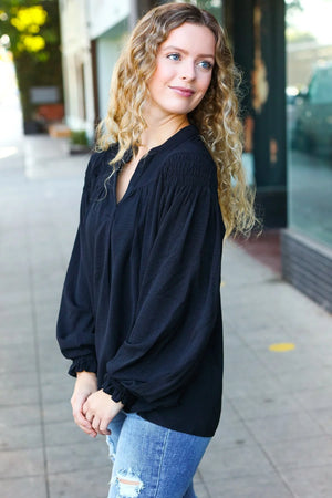 Boho Vibes Black Notched Neck Smocked Bubble Sleeve Top - Coeur de la Mode