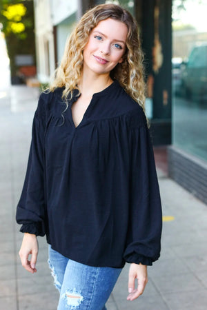 Boho Vibes Black Notched Neck Smocked Bubble Sleeve Top - Coeur de la Mode