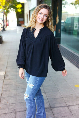 Boho Vibes Black Notched Neck Smocked Bubble Sleeve Top - Coeur de la Mode