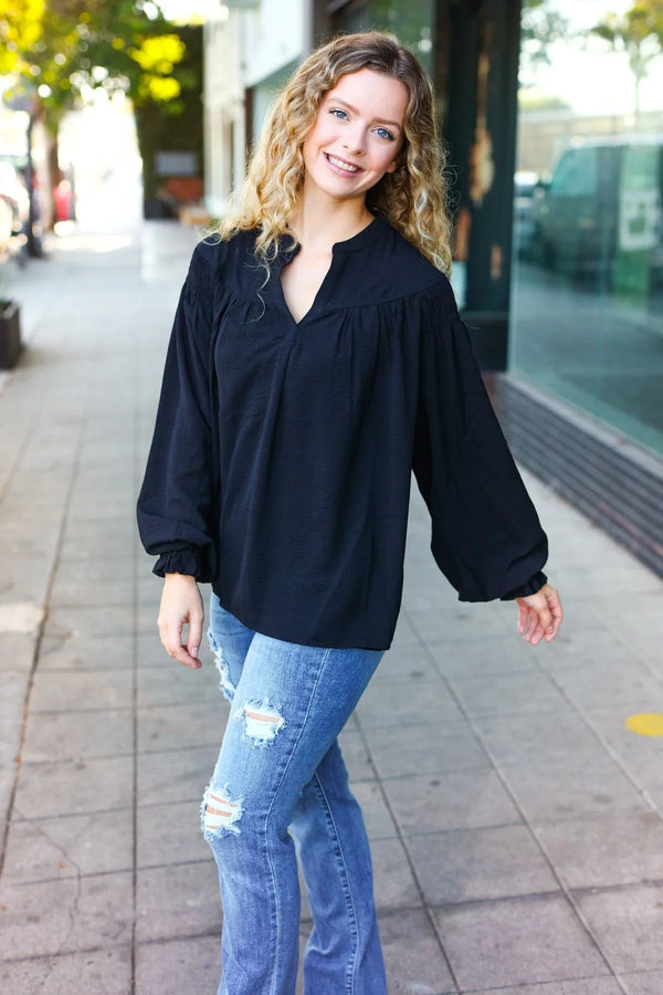 Boho Vibes Black Notched Neck Smocked Bubble Sleeve Top - Coeur de la Mode