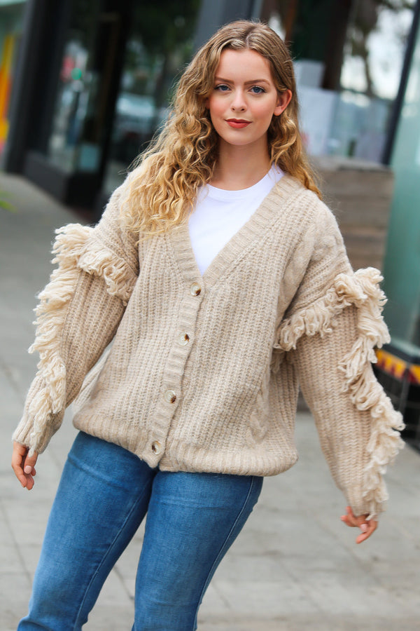 Weekend Ready Oatmeal V Neck Fringe Chunky Cable Cardigan - Coeur de la Mode