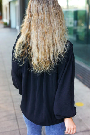 Boho Vibes Black Notched Neck Smocked Bubble Sleeve Top - Coeur de la Mode