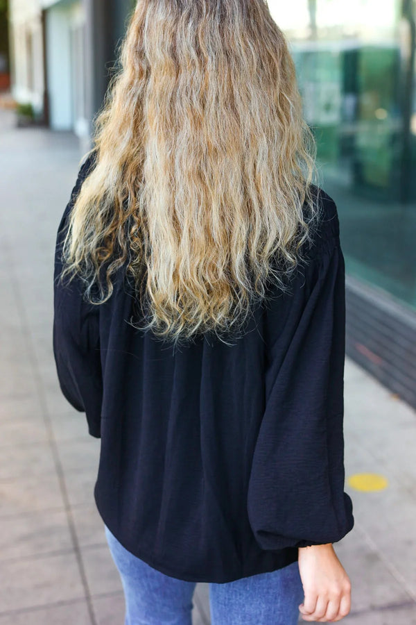 Boho Vibes Black Notched Neck Smocked Bubble Sleeve Top - Coeur de la Mode