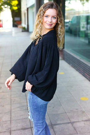 Boho Vibes Black Notched Neck Smocked Bubble Sleeve Top - Coeur de la Mode