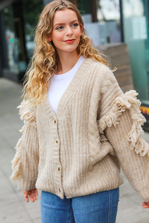 Weekend Ready Oatmeal V Neck Fringe Chunky Cable Cardigan - Coeur de la Mode