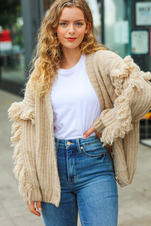 Weekend Ready Oatmeal V Neck Fringe Chunky Cable Cardigan - Coeur de la Mode
