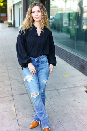 Boho Vibes Black Notched Neck Smocked Bubble Sleeve Top - Coeur de la Mode